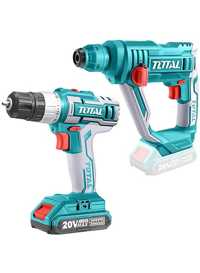 TOTAL Set Of Rotary Hammer And Impact Drill And 2 Batteries And Charger And Tools Bag Green  - Image 1