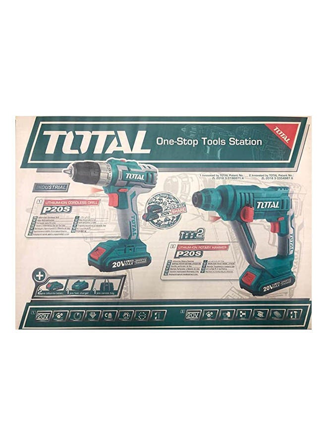TOTAL Set Of Rotary Hammer And Impact Drill And 2 Batteries And Charger And Tools Bag Green  - Image 2