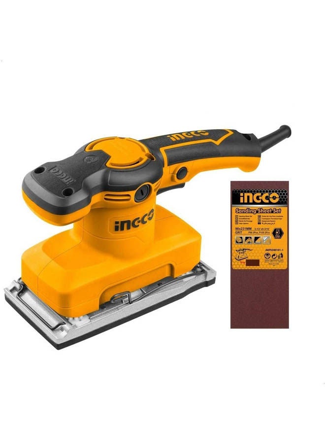 INGCO Finishing Sander With Sanding Papers - 320 Watt Yellow 