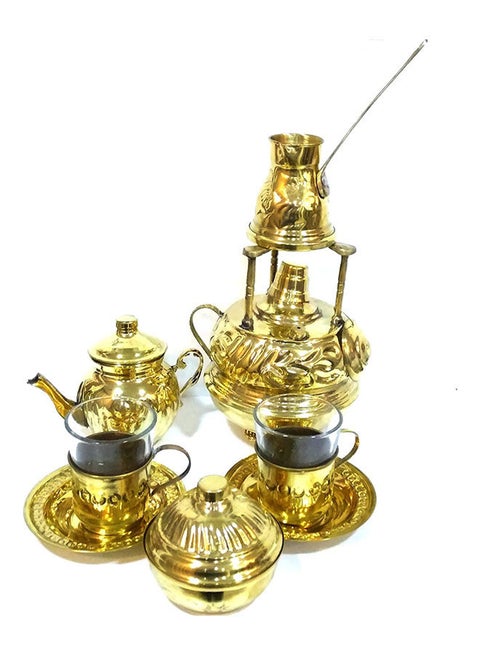 Copper Coffee Set With A Pot Jug Two Cups In The Plate And Sugar Gold