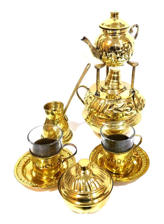 Copper Coffee Set With A Pot Jug Two Cups In The Plate And Sugar Gold