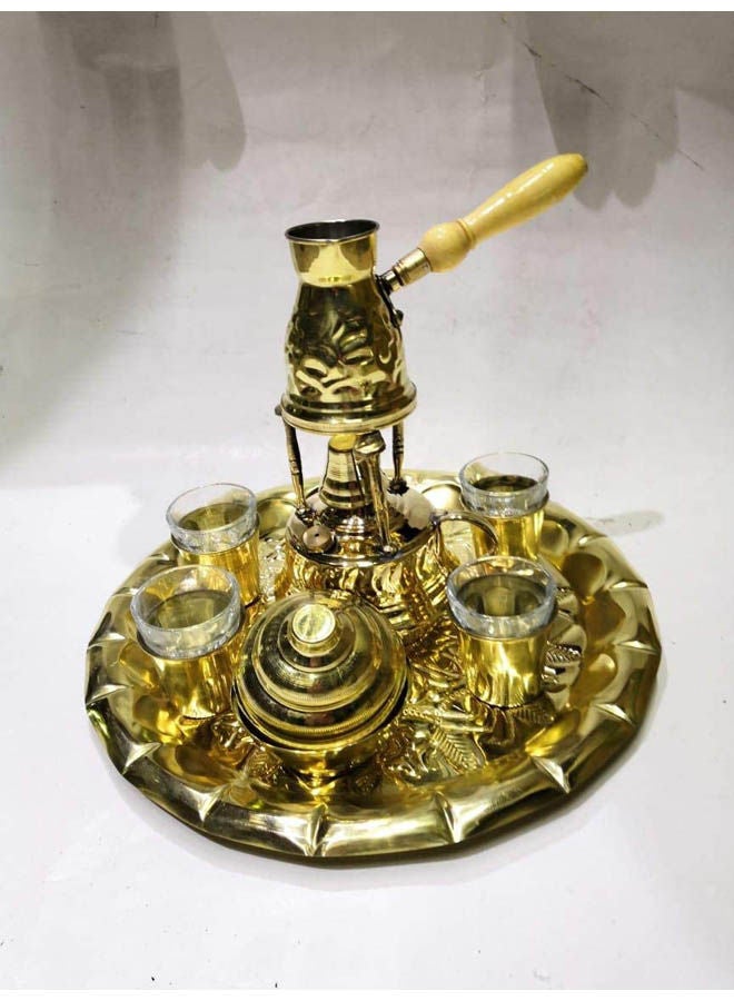 Generic Set Of Brass Tray  Coffee Maker With Dallah And 4 Brass Cup Of Coffee Gold 