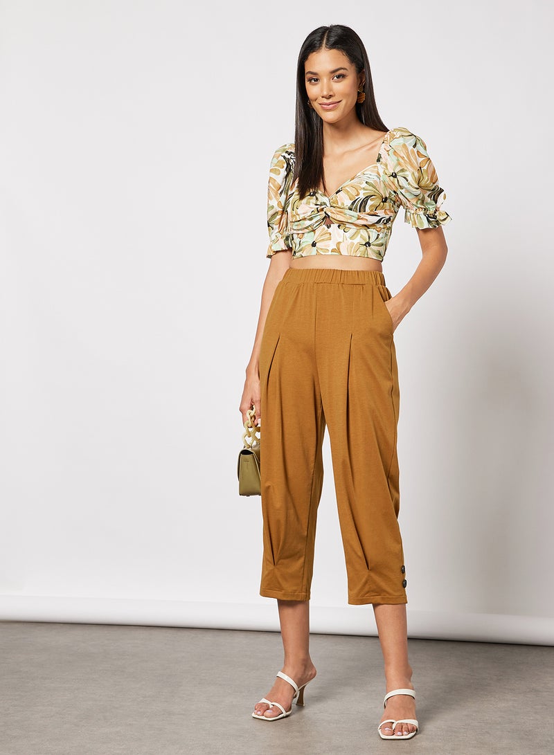 Aila Women's Casual Mid-Rise Cropped Length Slim Fit Knitted Pants Brown  - Image 3