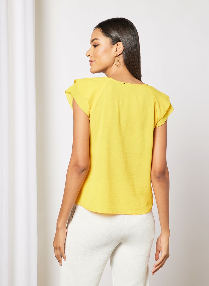 Aila Women's Solid Design V-neck Casual Cap Sleeve Top Yellow  - Image 2