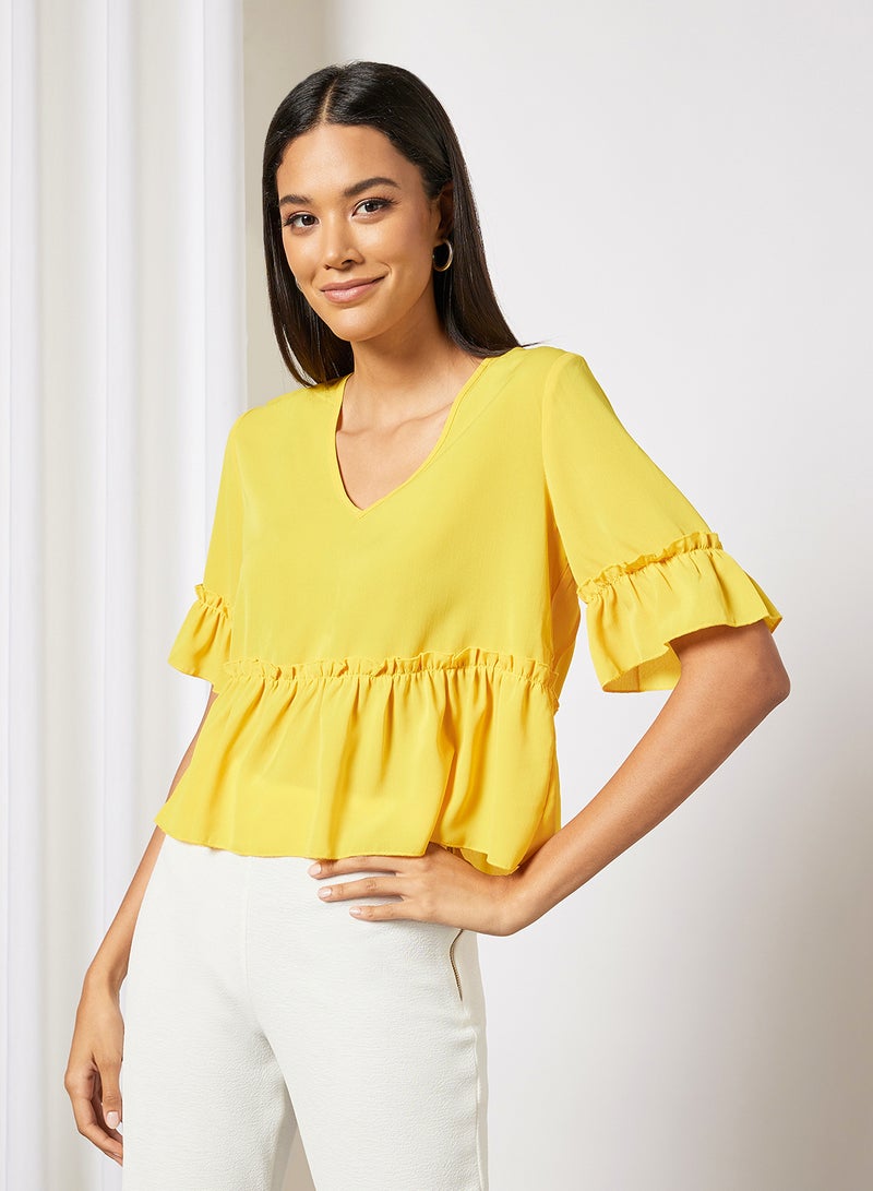 Aila Women's Solid Design V-neck Casual Puff Sleeve Top Yellow  - Image 1