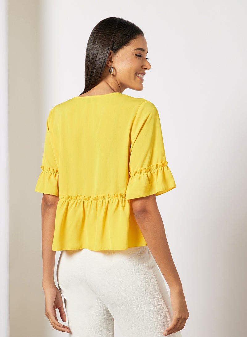 Aila Women's Solid Design V-neck Casual Puff Sleeve Top Yellow  - Image 2