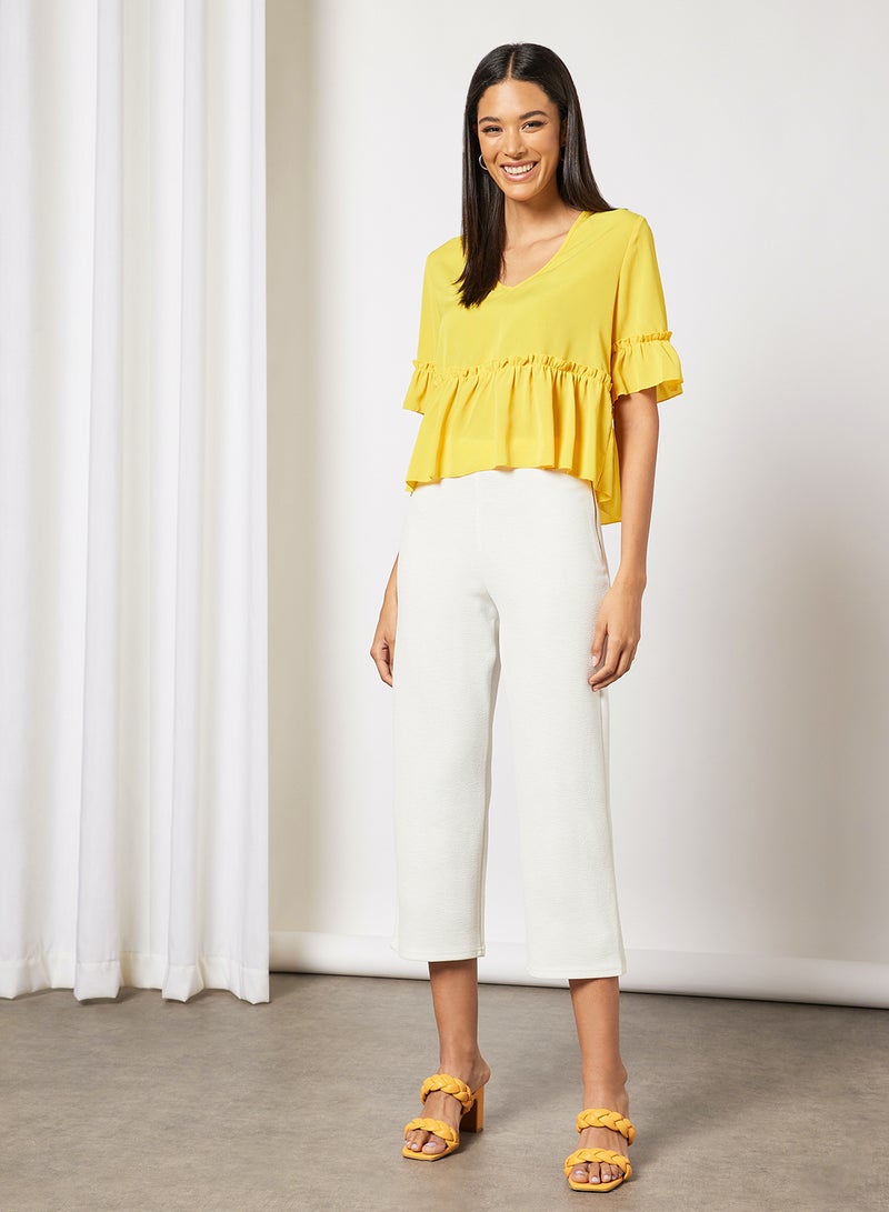 Aila Women's Solid Design V-neck Casual Puff Sleeve Top Yellow  - Image 3
