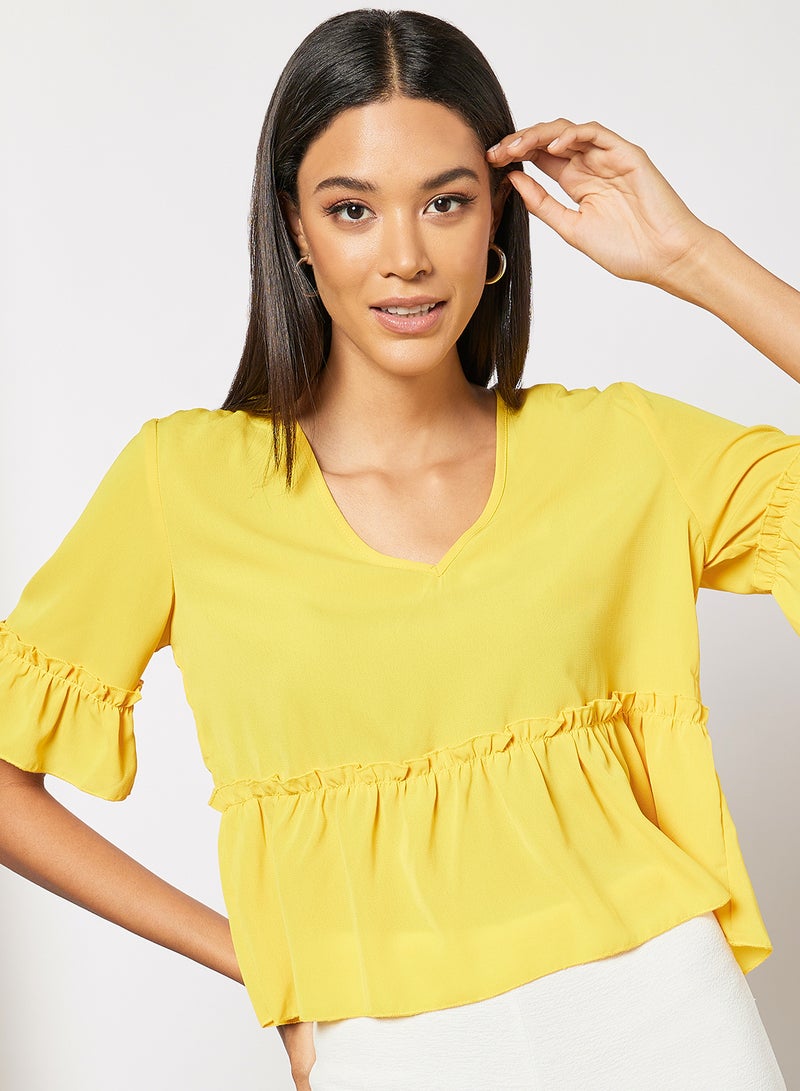 Aila Women's Solid Design V-neck Casual Puff Sleeve Top Yellow  - Image 4