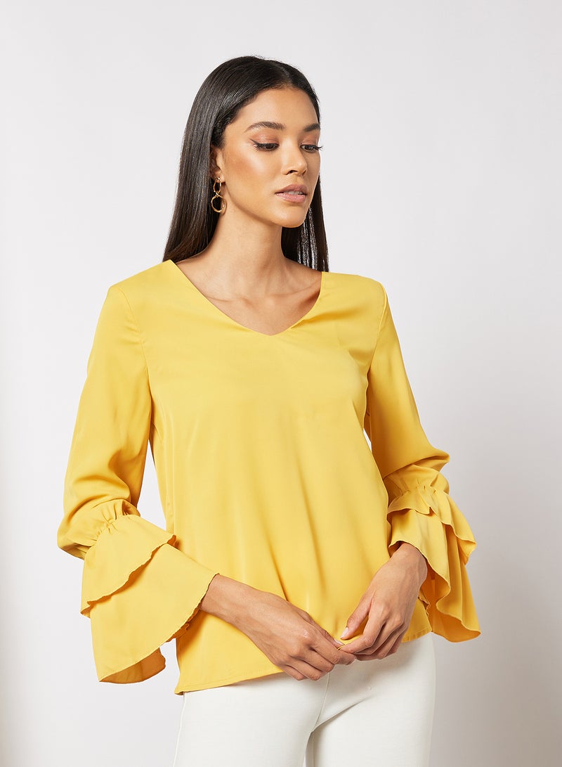 Aila Women's Plain Basic Design Casual V-neck Puff Sleeve Top Yellow  - Image 1