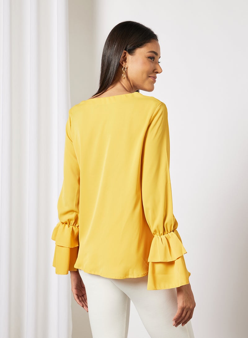 Aila Women's Plain Basic Design Casual V-neck Puff Sleeve Top Yellow  - Image 2