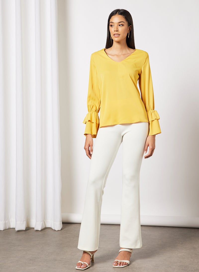 Aila Women's Plain Basic Design Casual V-neck Puff Sleeve Top Yellow  - Image 3