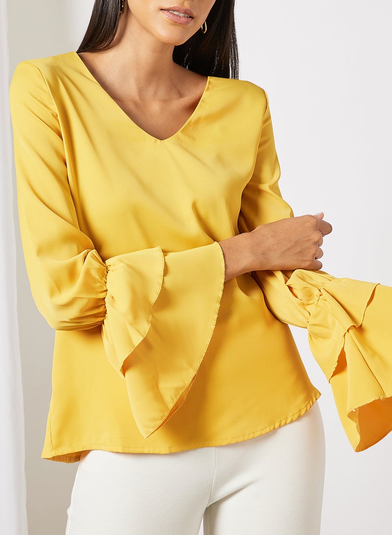 Aila Women's Plain Basic Design Casual V-neck Puff Sleeve Top Yellow  - Image 4