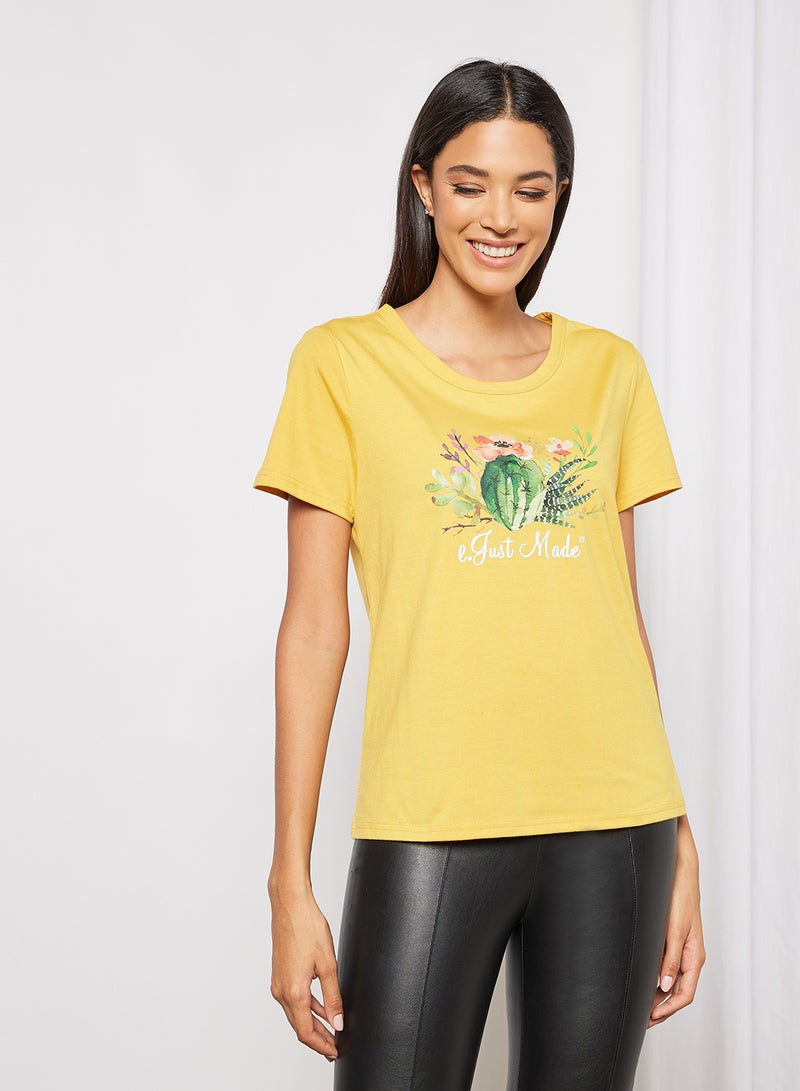 Aila Casual Short Sleeve Round Neck Graphic Print Knit T-Shirt Yellow  - Image 1