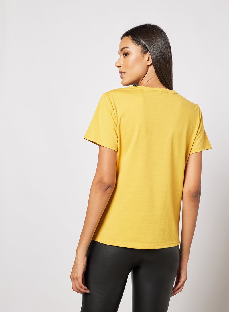 Aila Casual Short Sleeve Round Neck Graphic Print Knit T-Shirt Yellow  - Image 2