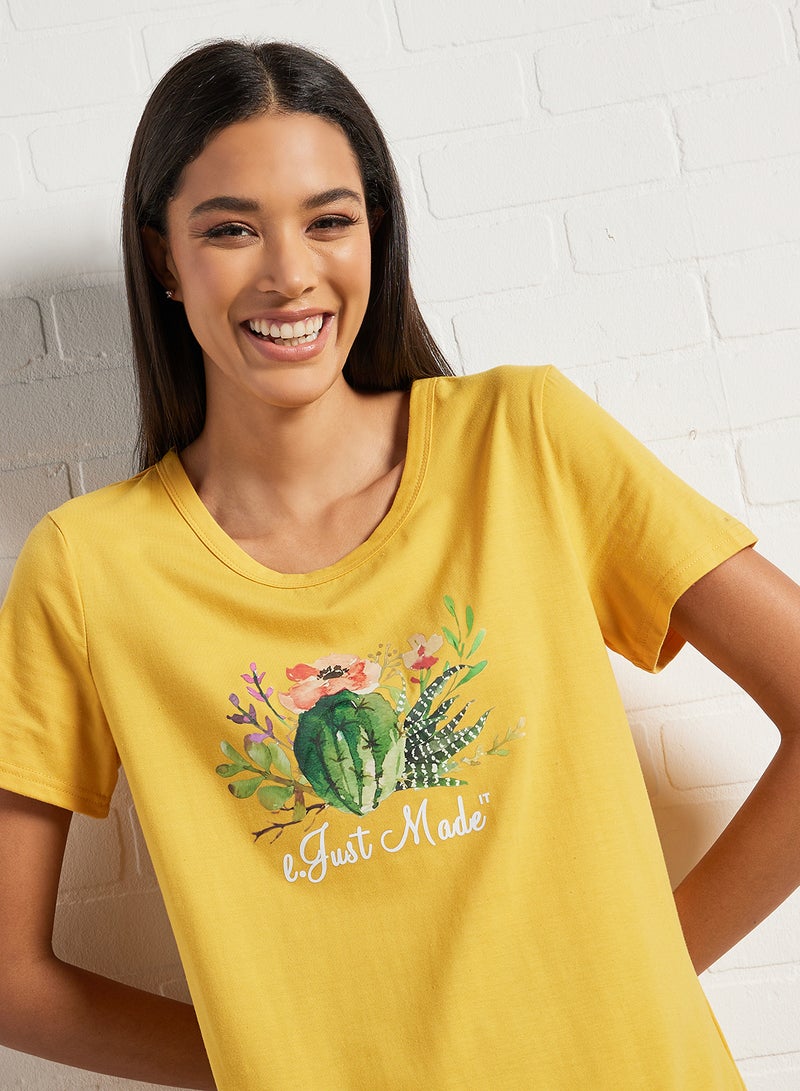 Aila Casual Short Sleeve Round Neck Graphic Print Knit T-Shirt Yellow  - Image 4