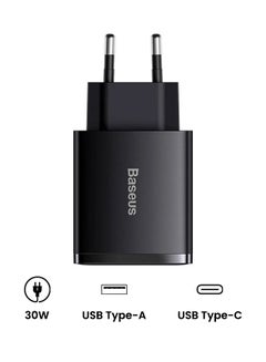 بيسوس شاحن سريع بتقنية PD بمنفذ USB C بقدرة 30 وات ومنفذ Type-C ومنفذ مزدوج ومحول جداري بتقنية الشحن السريع 3.0 بقابس أوروبي، مناسب لأجهزة آيفون 13 و12 و12 ميني و12 برو و12 برو ماكس وهواتف جالاكسي وأجهزة بكسل 4/3 وآي باد برو وسماعات آيربودز برو وغيرها لون أسود.  - Image 2