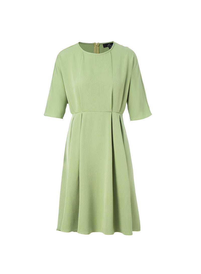 Aila Casual Round Neck Short Sleeve Pleated Midi Dress 57 Green - Image 1