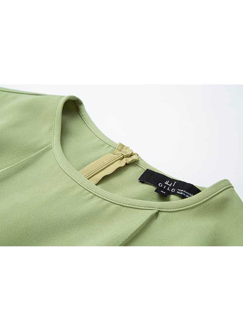 Aila Casual Round Neck Short Sleeve Pleated Midi Dress 57 Green - Image 3