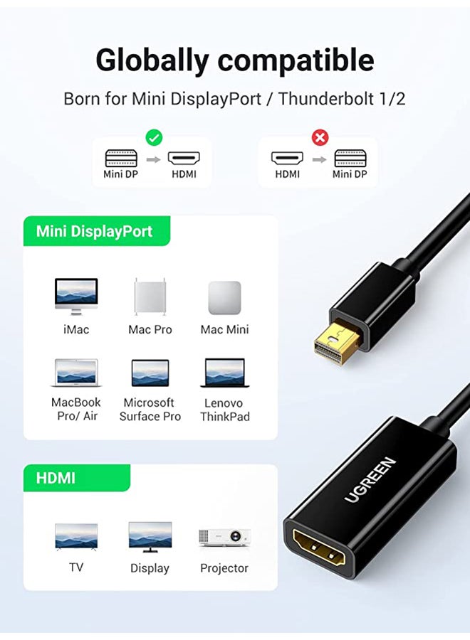 Ugreen - Mini DisplayPort to HDMI Adapter Mini DP Male to HDMI Female Thunderbolt 2.0 to HDMI Adapter for Apple MacBook Pro MacBook Air Surface Pro 4 3 Google Chromebook Black - Image 1