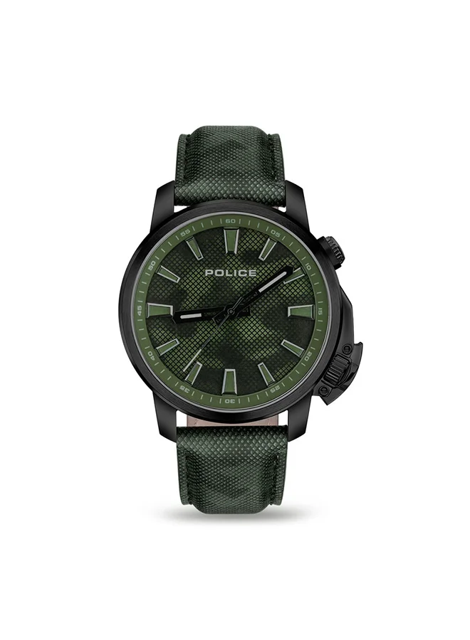 بوليس Police Kavalan Analogue Quartz Movement Khaki Green Dial with Leather Strap Watch for Men - PEWJD2202701, Khaki Green