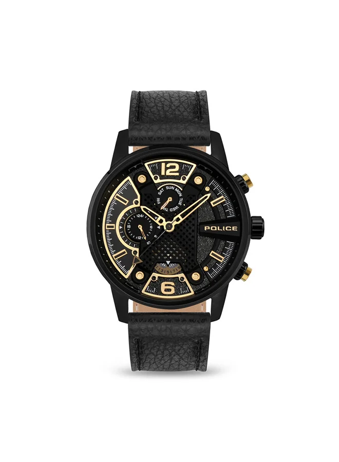 بوليس Police Lanshu Hybrid Quartz Automatic Movement Black and Gold Dial with Leather Strap Watch for Men - PEWJF2203301, Black
