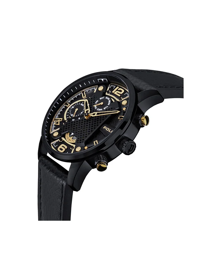 بوليس Police Lanshu Hybrid Quartz Automatic Movement Black and Gold Dial with Leather Strap Watch for Men - PEWJF2203301, Black