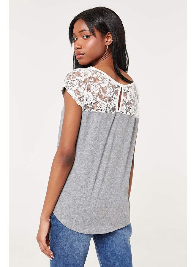 Ardene Lace Yoke Casual T-Shirt Grey  - Image 2