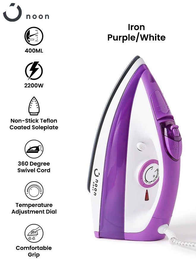 noon east Steam Iron Box - 2200 W 0.42 Liter Water Tank Non Stick Teflon Coated- Purple/White 420.0 ml 2200.0 W DM-2008-3 Purple/White - Image 3