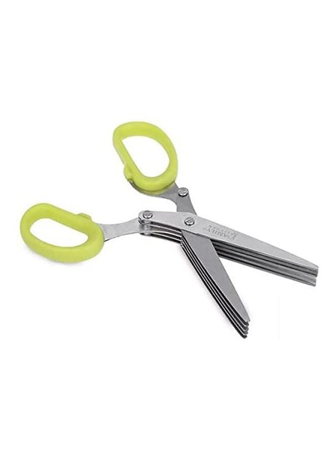 Multipurpose 5-Layers Stainless Steel Blades Kitchen Shear Herb Scissors With Cleaning Handles Comb Silver/Green 