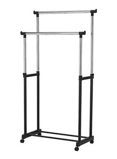 Double Pole Clothes Portable Rack Hanger Extendable Rolling Garments Silver
