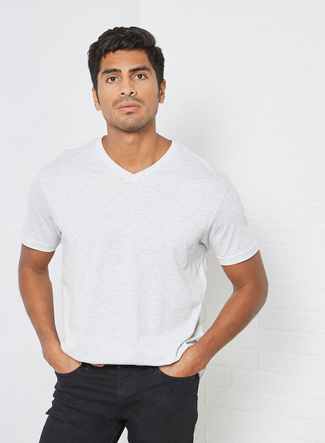 Premium Cotton Blend V-Neck Short Sleeves T-Shirt Light Grey