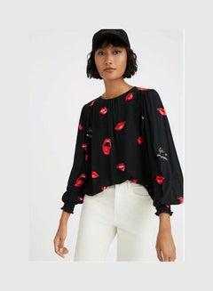 DESIGUAL Red Lips Long Sleeve Black Print  - Image 1