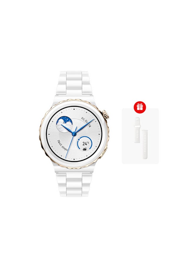 HUAWEI Watch GT 3 Pro SmartWatch Ceramic Case Strap 43mm With Extra Strap White/Gold - Image 1