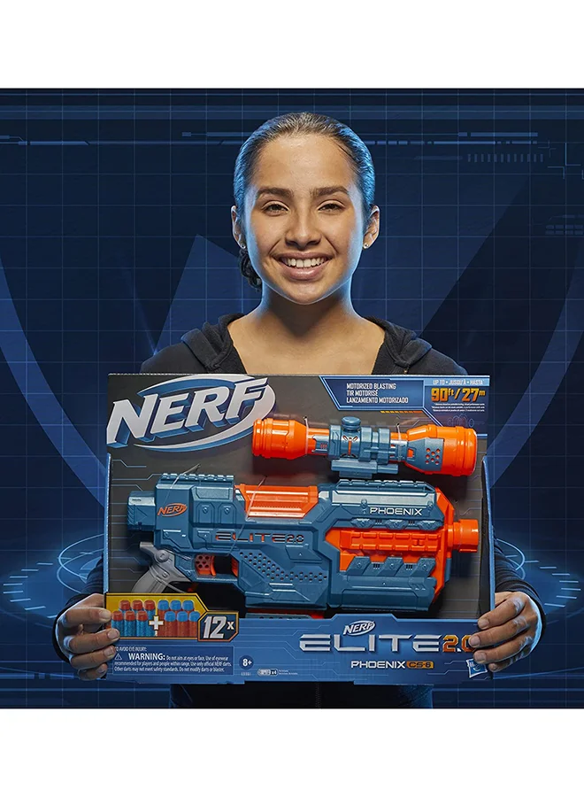 NERF Elite 2.0 Phoenix Cs-6 Motorized Blaster, 12 Official Darts, 6-Dart Clip, Scope, Tactical Rails, Barrel And Stock Attachment Points