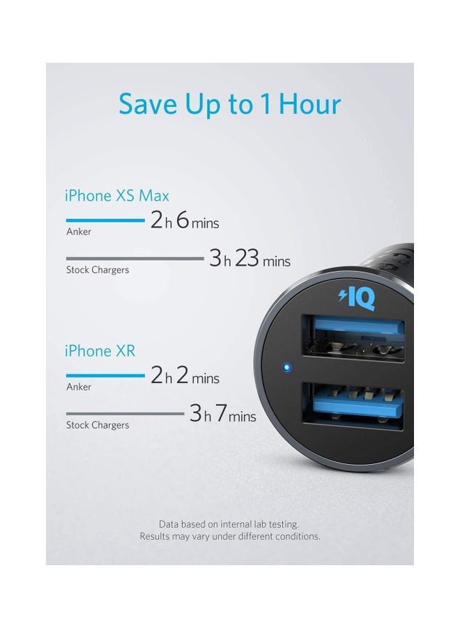 Car Charger, Mini 24W Dual USB Car Charger, PowerDrive 2 Alloy Car Adapter with Blue LED for iPhone12/12 Pro/11/11 Pro/XR/Xs/Max/X, iPad Pro/Air 2/mini, Galaxy (Not Compatible with Quick Charge) Black 