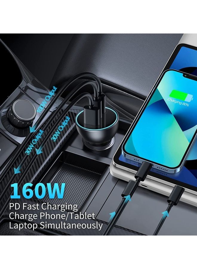 160W Type C Car Charger, QC5.0 PD3.0 PPS 3 Ports Super-Fast Charging Car Phone Charger Adapter for iPhone 13 12 11 Pro Max, Samsung Galaxy S22 S21 iPad MacBook Pro Air Laptop Gray 