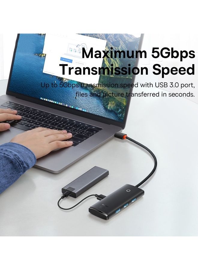 بيسوس - موزع ومحول منافذ USB 3.0 وناقل بيانات بـ 4 منافذ بسرعة عالية 5 جيجابايت في الثانية يتوافق مع أجهزة سيرفيس برو وماك بوك وماك ميني وآي ماك وديل إكس بي إس وسامسونج جالاكسي تاب وفلاش درايف USB أسود - Image 1