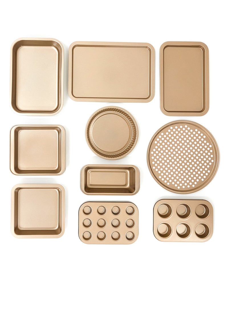10 Piece Oven Pan Set - Made Of Carbon Steel - Baking Pan - Oven Trays - Cake Tray - Oven Pan - Cake Mold - Rose Gold Rose Gold 10-Piece Set