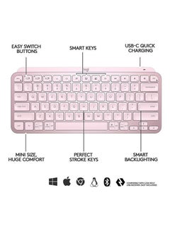 Logitech Mx Keys Mini Minimalist Wireless Illuminated Keyboard, Compact, Bluetooth, Backlit, Usb-C, Compatible With Apple Macos, Ios, Windows, Linux, Android, Metal Build /English Arabic layout Pink  - Image 5
