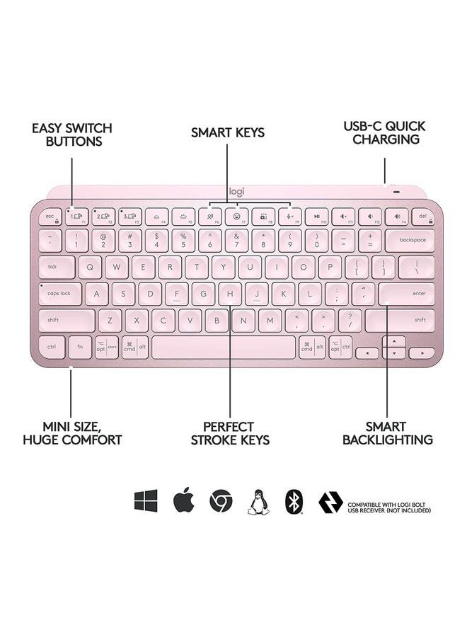 Logitech - Mx Keys Mini Minimalist Wireless Illuminated Keyboard, Compact, Bluetooth, Backlit, Usb-C, Compatible With Apple Macos, Ios, Windows, Linux, Android, Metal Build /English Arabic layout Pink - Image 1