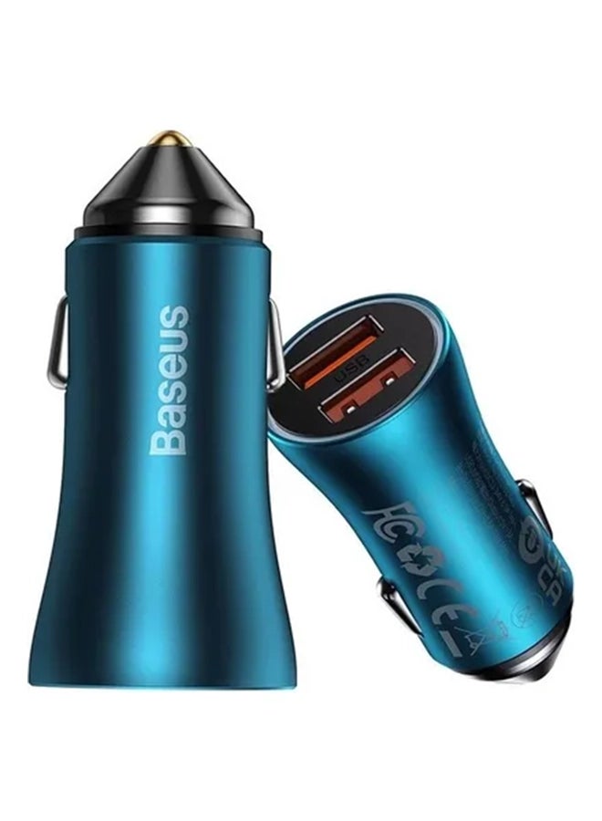 بيسوس - شاحن سيارة بقدرة 60 وات بمنفذي USB A بقدرة قصوى 30 وات لكل منفذ وشحن فائق السرعة مع عدة أنظمة حماية ومؤشر LED ضوئي حلقي، متوافق مع الهواتف الذكية والتابلت وأجهزة الألعاب والكاميرات أزرق - Image 1