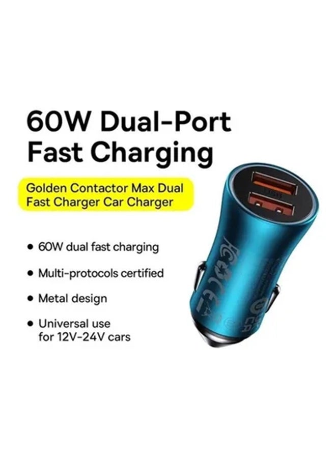بيسوس - شاحن سيارة بقدرة 60 وات بمنفذي USB A بقدرة قصوى 30 وات لكل منفذ وشحن فائق السرعة مع عدة أنظمة حماية ومؤشر LED ضوئي حلقي، متوافق مع الهواتف الذكية والتابلت وأجهزة الألعاب والكاميرات أزرق - Image 1