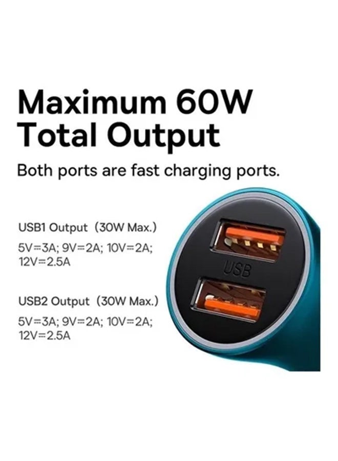 بيسوس - شاحن سيارة بقدرة 60 وات بمنفذي USB A بقدرة قصوى 30 وات لكل منفذ وشحن فائق السرعة مع عدة أنظمة حماية ومؤشر LED ضوئي حلقي، متوافق مع الهواتف الذكية والتابلت وأجهزة الألعاب والكاميرات أزرق - Image 1