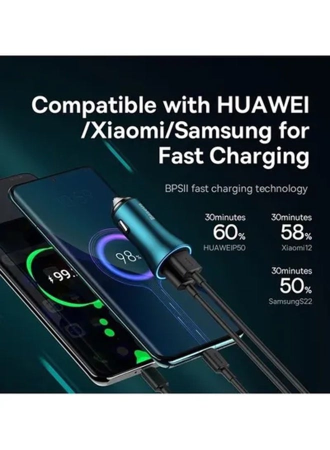بيسوس - شاحن سيارة بقدرة 60 وات بمنفذي USB A بقدرة قصوى 30 وات لكل منفذ وشحن فائق السرعة مع عدة أنظمة حماية ومؤشر LED ضوئي حلقي، متوافق مع الهواتف الذكية والتابلت وأجهزة الألعاب والكاميرات أزرق - Image 1