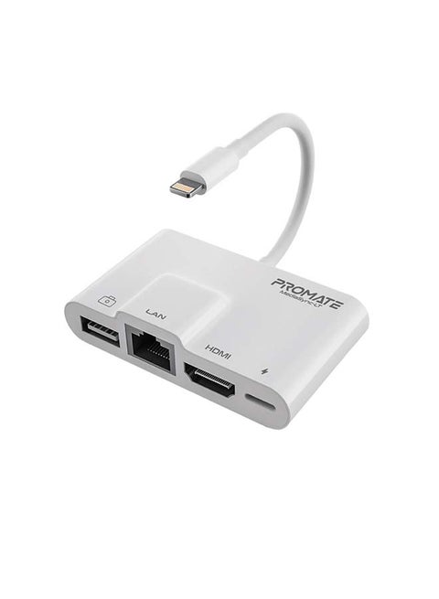 Lightning Hub, 4-in-1 Premium Multimedia Adapter with 1080p HDMI Port, 10/100 Mbps RJ45 Ethernet Port, Quick Data Transfer USB Port and Lightning Charging Port for iPhone 13, MediaSync-LT White