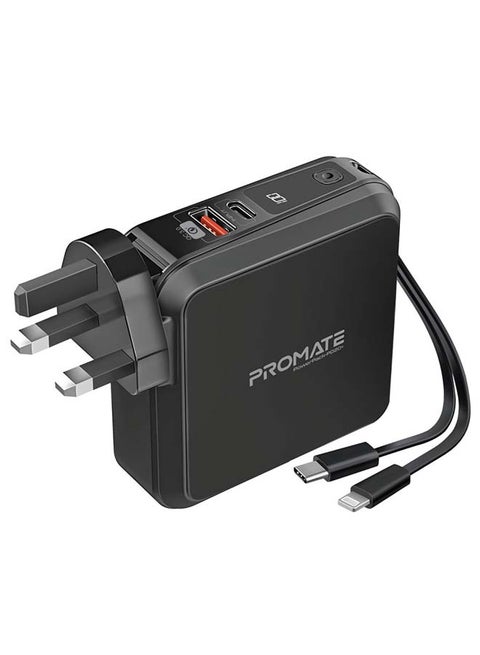 15000mAh Quick Charging Power Bank With AC Charge-in, Built-In 22W USB-C PD Cable, 20W Lightning Cable and QC 3.0 USB Port Black