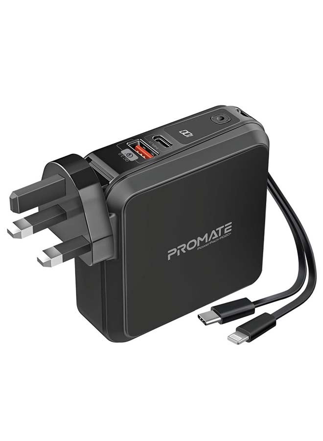 15000mAh Quick Charging Power Bank With AC Charge-in, Built-In 22W USB-C PD Cable, 20W Lightning Cable and QC 3.0 USB Port Black