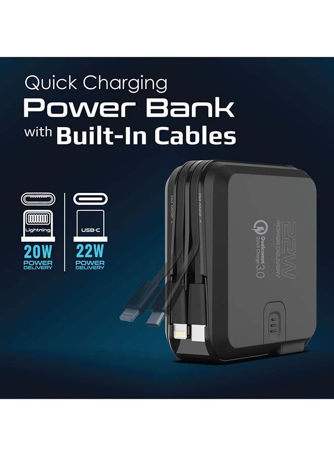 15000mAh Quick Charging Power Bank With AC Charge-in, Built-In 22W USB-C PD Cable, 20W Lightning Cable and QC 3.0 USB Port Black