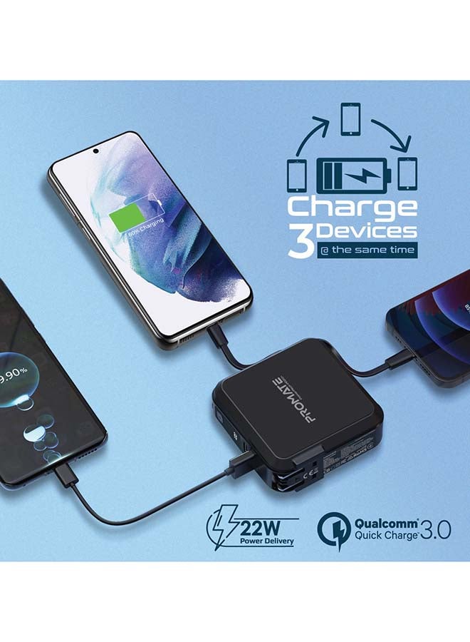 15000mAh Quick Charging Power Bank With AC Charge-in, Built-In 22W USB-C PD Cable, 20W Lightning Cable and QC 3.0 USB Port Black