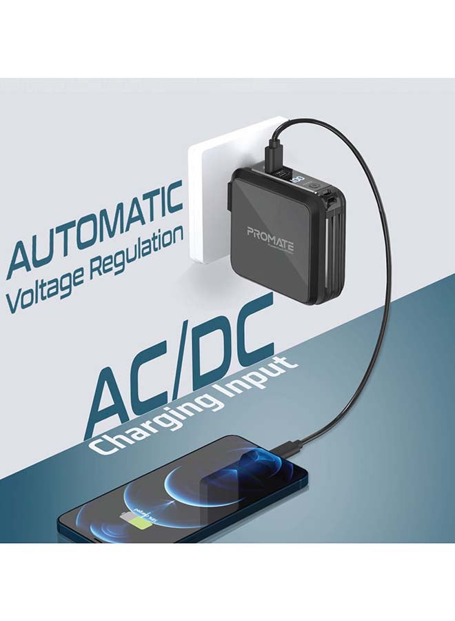 15000mAh Quick Charging Power Bank With AC Charge-in, Built-In 22W USB-C PD Cable, 20W Lightning Cable and QC 3.0 USB Port Black
